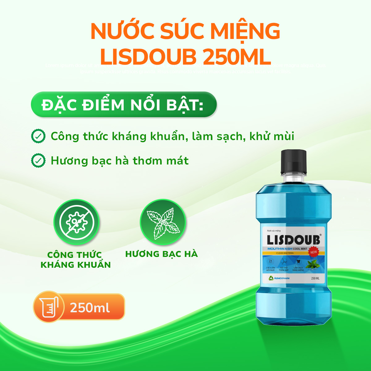 Nước Súc Miệng Lisdoub làm sạch răng miệng và họng, giúp hơi thở thơm tho (250ml)