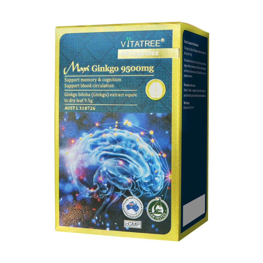 Viên uống Maxi Ginkgo 9500mg Vitatree hỗ trợ tăng cường tuần hoàn máu não (Hộp 60 viên)
