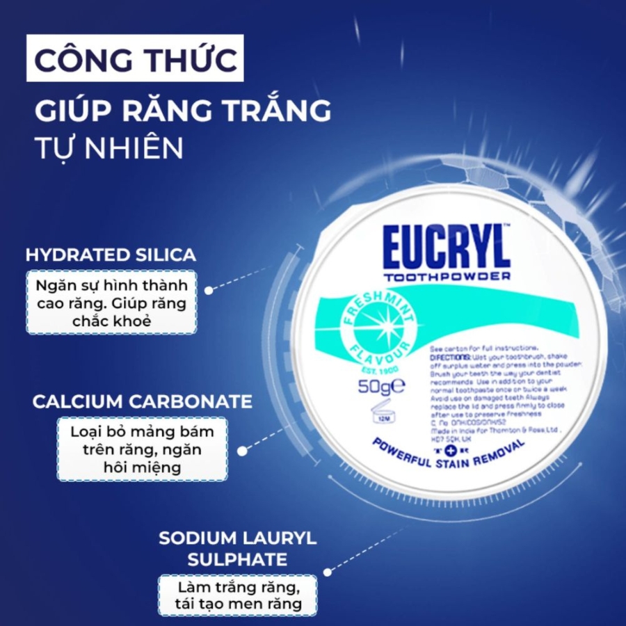 Bột đánh răng bạc hà tẩy trắng Eucryl Toothpowder 50g có công dụng