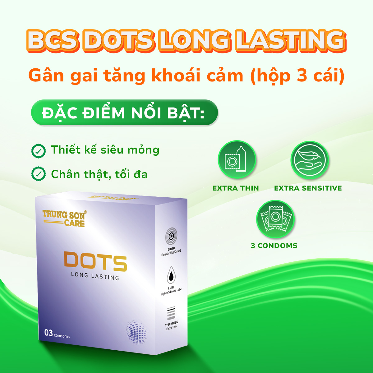 Bao cao su Dots Long Lasting Trung Sơn Care (Hộp 3 cái)