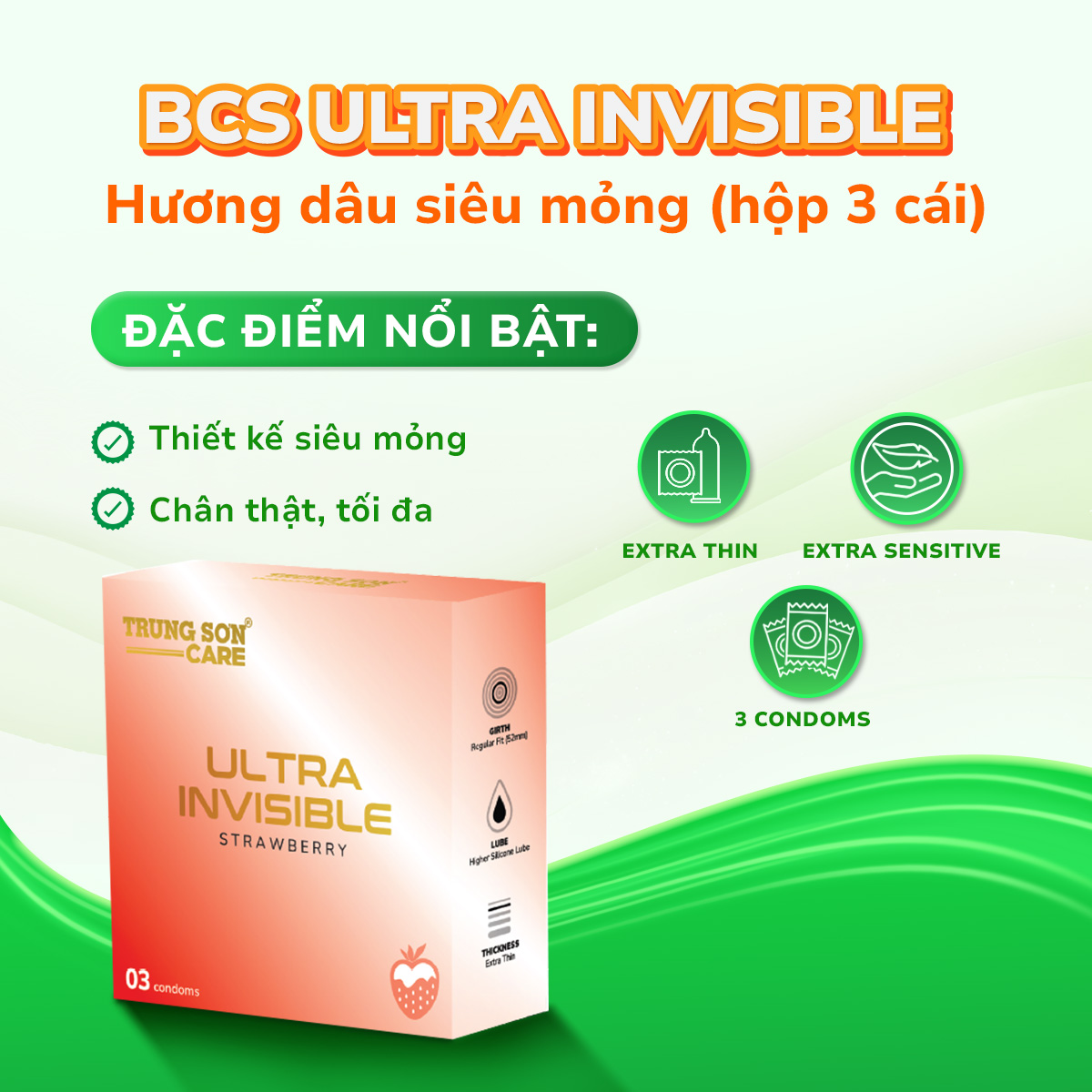 Bao cao su Ultra Invisible (dâu) Trung Sơn Care (Hộp 3 cái)