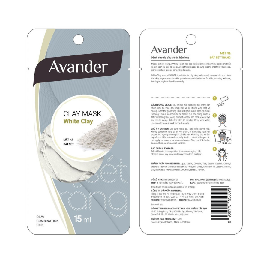 Mặt nạ đất sét Trắng Avander 15ml