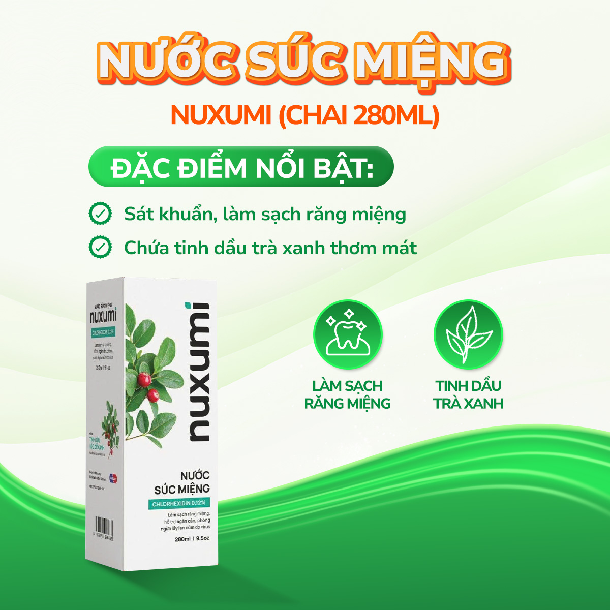 Nước súc miệng Nuxumi 0.12% Chlorhexidin (Chai 280ml)