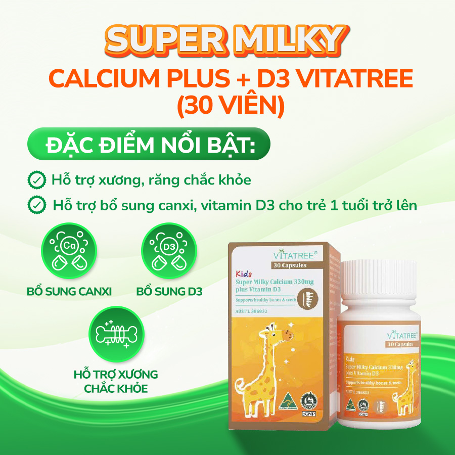 Milky Calcium D3 330mg Plus Vitatree bổ sung calci, vitamin D3 cho cơ thể (Hộp 30 viên)