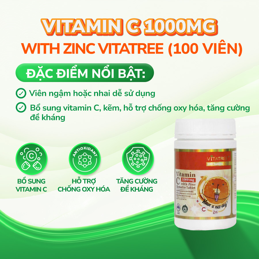 Vitatree Vitamin C 1000mg with Zinc bổ sung vitamin C và kẽm (100 viên)