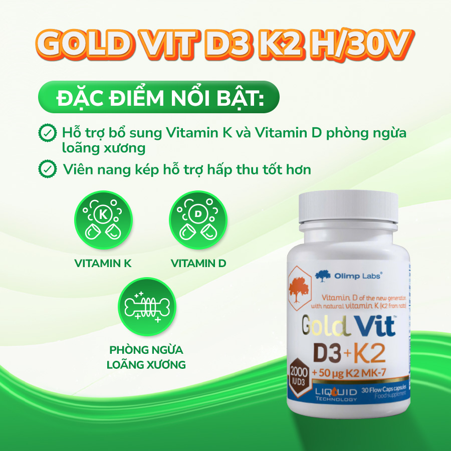 Gold Vit D3+K2 hỗ trợ phòng ngừa loãng xương (Hộp 30 viên)